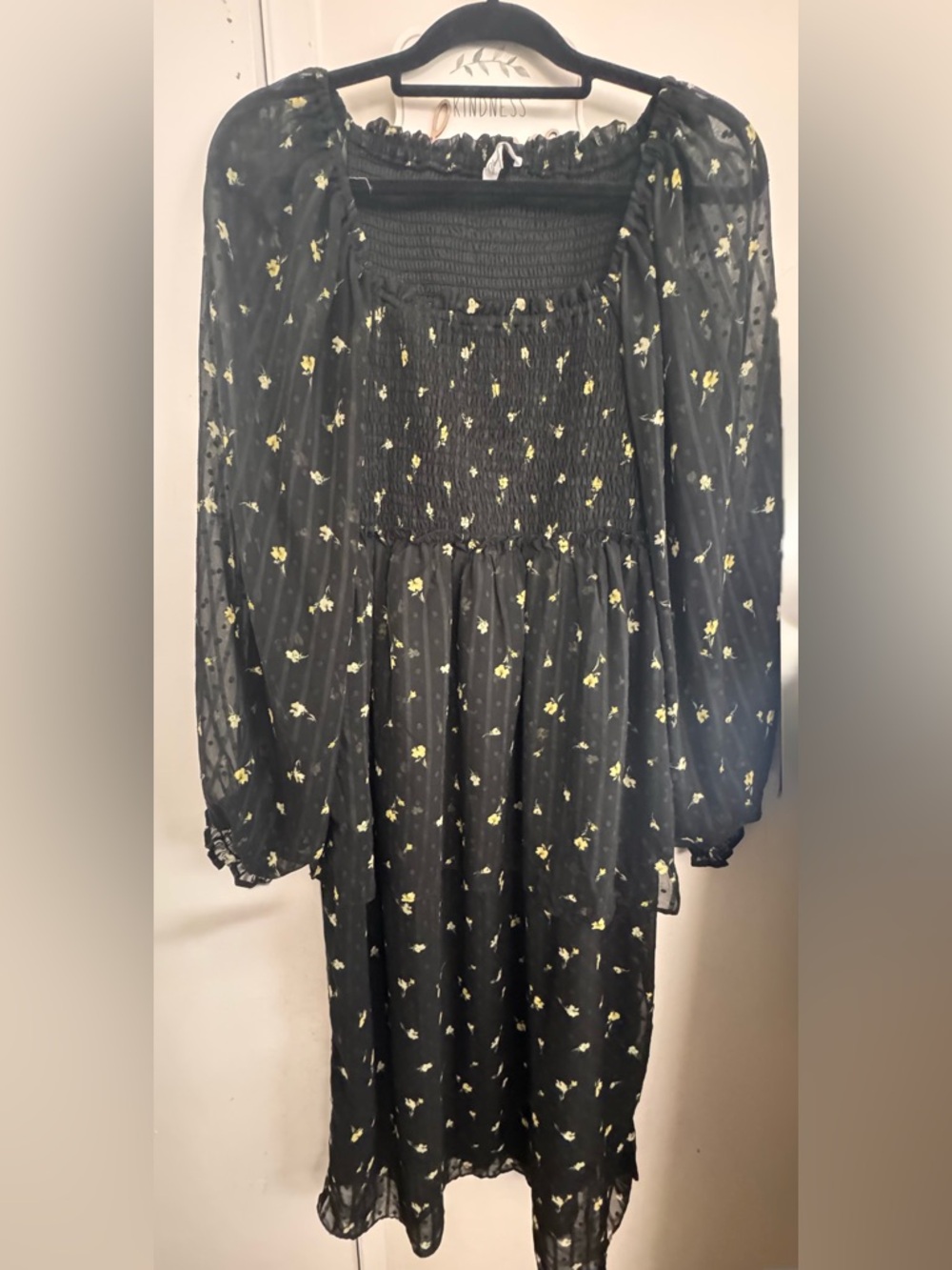 Black Floral Smocked Midi Dress - Elegant Puff Sleeve